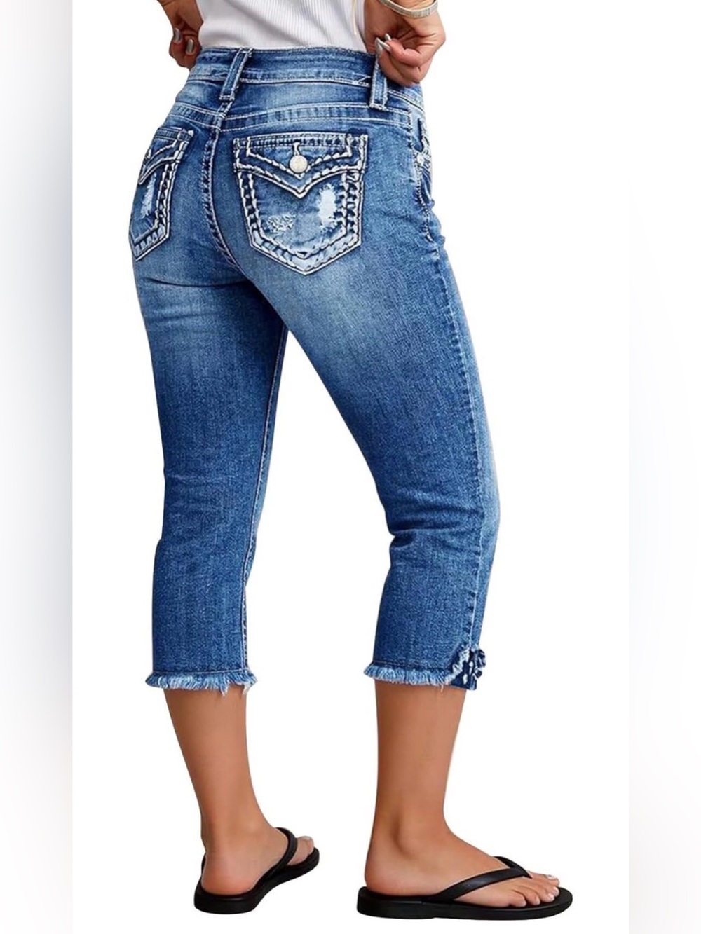 Flamingals Mid Rise Capri Skinny Wash Crop Ripped Raw Hem JeansL PS6-2